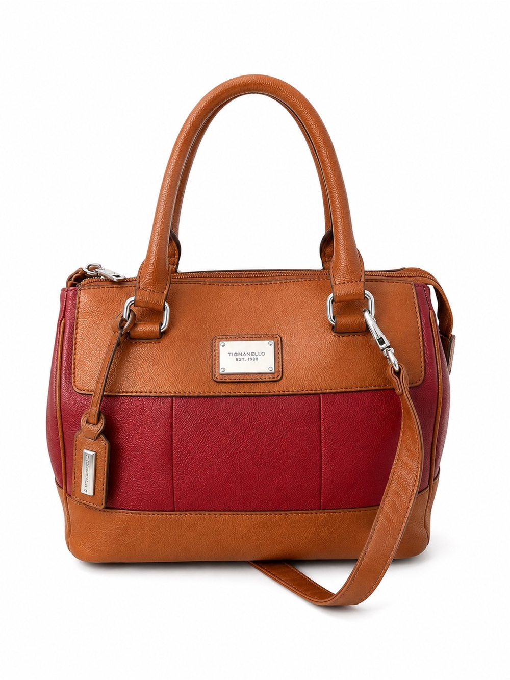 Tignanello Colorblock Leather Satchel Crossbody Brown Burgundy Pebbled Leather - Picture 14 of 14